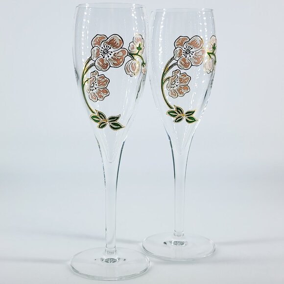 Vtg Perrier Jouet Hand Painted 7.5" Floral Champagne Flutes/Glasses, Pair of 2 - Picture 2 of 6
